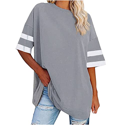 Pullover Damen Sommer Sportshirt Oversized Y2K Oberteile Vintage Einfarbig Tshirt Übergröße V-Ausschnitt Sommershirts Frauen Baumwolle Bluse Tops Leicht Atmungsaktiv Laufshirt Longshirt Locker Pulli von Komiseup