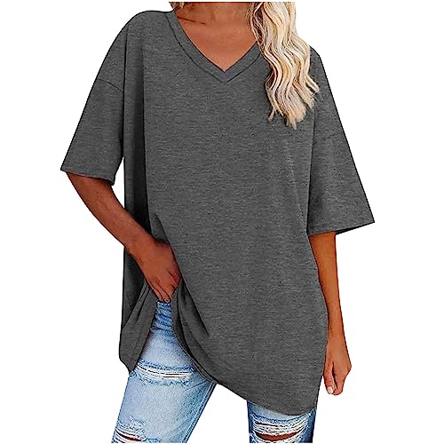 Pullover Damen Sommer Sportshirt Oversized Y2K Oberteile Vintage Einfarbig Tshirt Übergröße V-Ausschnitt Sommershirts Frauen Baumwolle Bluse Tops Leicht Atmungsaktiv Laufshirt Longshirt Locker Pulli von Komiseup