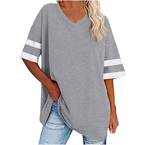 Pullover Damen Sommer Sportshirt Oversized Y2K Oberteile Vintage Einfarbig Tshirt Übergröße V-Ausschnitt Sommershirts Frauen Baumwolle Bluse Tops Leicht Atmungsaktiv Laufshirt Longshirt Locker Pulli von Komiseup