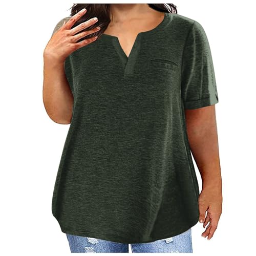 Pullover Damen Sommer Tshirt Oversized Y2K Sportshirt Elegant Solide Oberteile V-Ausschnitt Kurz Ärmel Sommershirt Frauen Baumwolle Bluse Tops Leicht Atmungsaktiv Laufshirt Übergröße Longshirt S-5XL von Komiseup