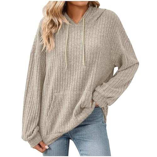 Pullover Damen Warm Hoodie Weich Rippstrick Langarmshirt Oversize Sweatshirt mit Kapuze Locker Strickpullover mit Taschen Elegant Einfarbige Kapuzenpullover Gerippt Pulli Teenager Mädchen Streetwear von Komiseup