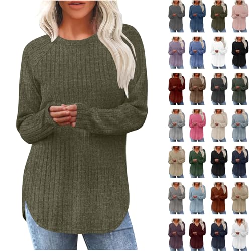 Pullover Damen Weich Rippstrick Langarmshirt Einfarbig Strickpullover Leichte Gerippt Pulli Lose Rundhals/V-Ausschnitt Longshirt mit Schlitz am Saum Herbst Winter Strick Unterhemd Lässig Loungewear von Komiseup