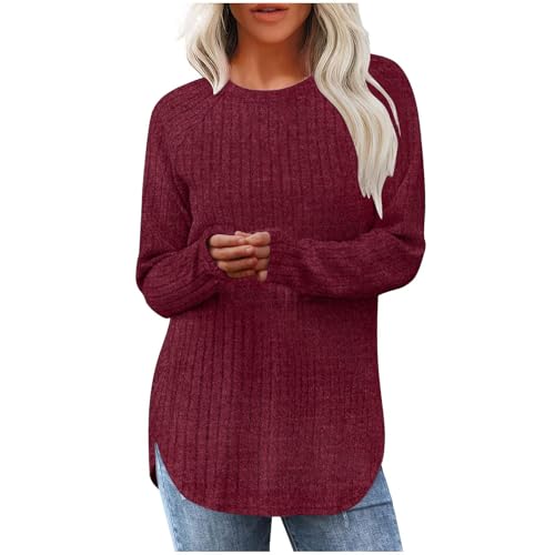 Pullover Damen Weich Rippstrick Langarmshirt Einfarbig Strickpullover Leichte Gerippt Pulli Lose Rundhals/V-Ausschnitt Longshirt mit Schlitz am Saum Herbst Winter Strick Unterhemd Lässig Loungewear von Komiseup