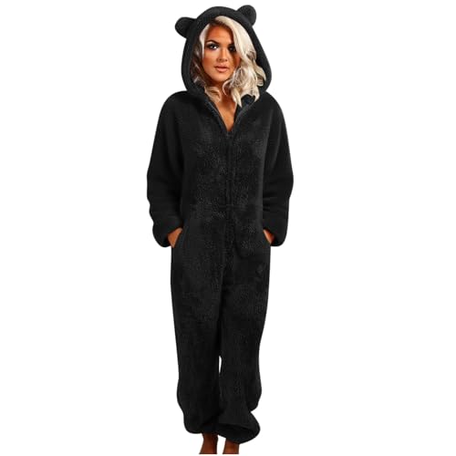 Pyjama Damen Winter Teddy Fleece Jumpsuit Dicke Plüsch Schlafanzug Elegant Einfarbige Einteiler Große Größe Warm Lang Schlafoverall Flauschig Ganzkörperanzug mit Reißverschluss Hausanzug mit Kapuze von Komiseup