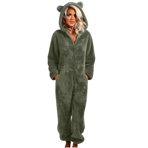Pyjama Damen Winter Teddy Fleece Jumpsuit Dicke Plüsch Schlafanzug Elegant Einfarbige Einteiler Große Größe Warm Lang Schlafoverall Flauschig Ganzkörperanzug mit Reißverschluss Hausanzug mit Kapuze von Komiseup
