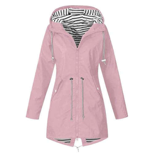 Regenjacke Damen Einfarbig Wasserdichte Softshelljacke Gefüttert mit Gestreift Stanzjacke Atmungsaktive Übergangsjacke Frühling Herbst Steppjacke Leichte Kapuzenjacke Reißverschluss Outdoorjacke 5XL von Komiseup