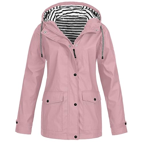 Regenjacke Damen Wasserdichte Softshelljacke Gefüttert mit Gestreift Stanzjacke Atmungsaktive Übergangsjacke Frühling Herbst Leicht Kapuzenjacke Reißverschluss Outdoorjacke Solide Funktionsjacke S-5XL von Komiseup