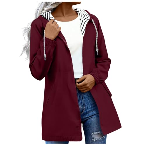 Regenmantel Damen Wasserdicht Atmungsaktiv Regenjacke Softshelljacke für Damen Lang Übergangsjacke Locker Winterjacke mit Kapuze Einfarbig Windbreaker Outdoor Leicht Trenchcoat Übergröße Regenponcho von Komiseup