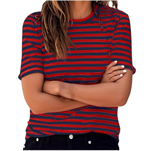 Ringelshirt Damen Kurzarm Gestreiftes Shirt Basic Rundhals Tshirt Sport Longshirt Teenager Mädchen Y2K Langarmshirt Casual Baumwolle Tunika Tops Gestreift Karneval Kostüm Matrosen Kostüm Blusenshirt von Komiseup