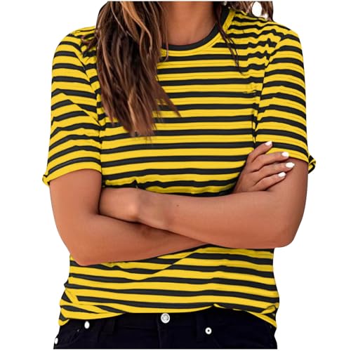 Ringelshirt Damen Kurzarm Gestreiftes Shirt Basic Rundhals Tshirt Sport Longshirt Teenager Mädchen Y2K Langarmshirt Casual Baumwolle Tunika Tops Gestreift Karneval Kostüm Matrosen Kostüm Blusenshirt von Komiseup