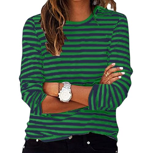 Ringelshirt Damen Sommer Gestreiftes Shirt Basic Rundhals Tshirt Sportlich Langarmshirt Teenager Mädchen Longshirt Baumwolle Bluse Tops Gestreift Karneval Kostüm Fasching Kostüme Matrosen Kostüm von Komiseup