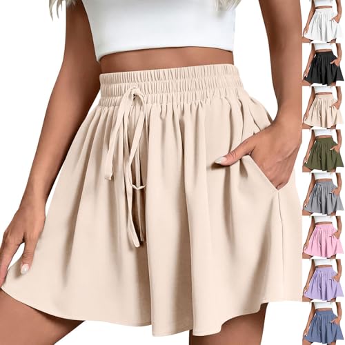 Shorts Damen Sommer Jogginghose Baumwolle Sommerhose Elastisch High Waist Kurze Hosen Causal Rüschen Strandshorts Einfarbig Freizeit Shorts Baggy Sweatpants mit Tunnelzug und Taschen Laufshorts von Komiseup