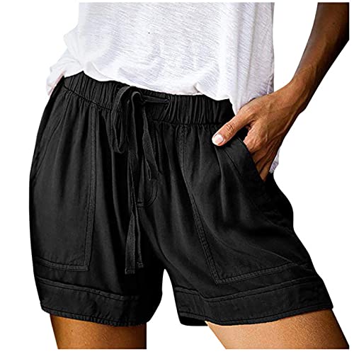 Shorts Damen Sommer - Mode Musselin Hose Bermuda Shorts Gerades Bein Sport Lässige Lockere Shorts mit Kordelzug Kurze Hose mit Taschen Gummiband Freizeit Shorts Elastische Stoffhose Kurz Hose von Komiseup