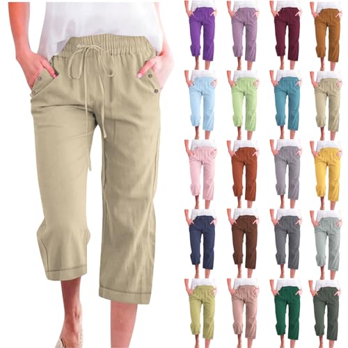 Sommer Hose Damen 3/4 Jogginghose Leinen Baumwolle Stoffhose Leicht Atmungsaktiv Yogahose Einfarbig Lässig Leinenhose Weites Bein Hosen mit Taschen 3/4 Sommerhose Weich Bequem Sporthose für Frauen von Komiseup