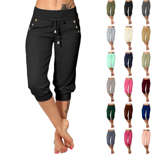 Sommerhose Damen Leicht 3/4 Kurze Hose Sport Jogginghose mit Taschen Sommer Outdoor Laufhose Große Größen Sporthose mit Kordelzug Teenager Mädchen Sweathose Oversized Shorts Einfarbig Arbeitshose von Komiseup