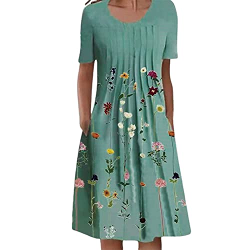 Sommerkleid Damen, Kleider Damen Sommer, Kleid Damen Elegant, Damen Sommer Casual Rundhals Kurzarm Falten Kleider mit Blumendruck Strandkleid Freizeitkleid von Komiseup