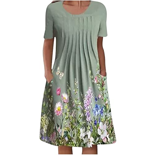 Sommerkleid Damen, Kleider Damen Sommer, Kleid Damen Elegant, Damen Sommer Casual Rundhals Kurzarm Falten Kleider mit Blumendruck Strandkleid Freizeitkleid A03 Grün von Komiseup