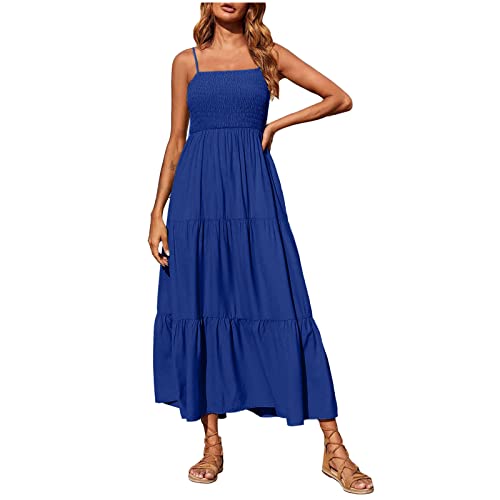 Sommerkleid Damen, Kleider Damen Sommer, Kleid Damen Elegant, Frauen böhmischen Spaghetti-Träger gesmokt Tiered Long Beach Sun Kleider ärmelloses festes Maxikleid Freizeitkleid Strandkleid von Komiseup