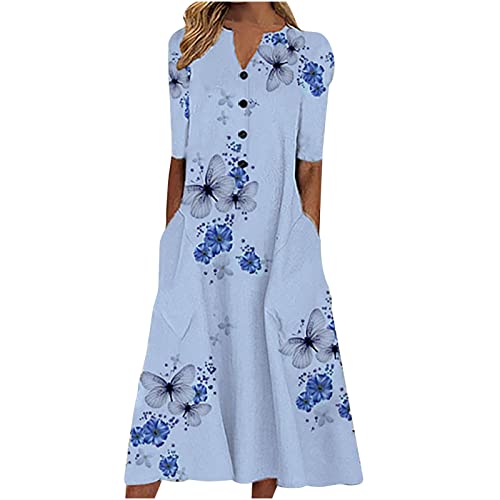 Sommerkleid Damen Casual Lose Schmetterling Drucken V-Ausschnitt Halbarm Knopf Langes Kleid mit Taschen von Komiseup