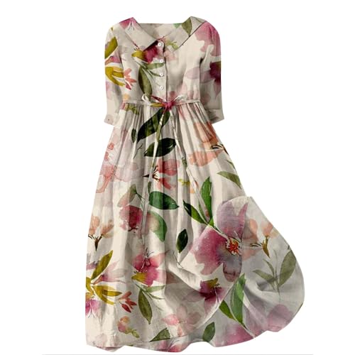 Sommerkleid Damen Lang Strandkleid Revers Blusenkleid mit 1/2 Ärmel Abendkleider Elegant für Hochzeit Knielang Plissierten Leinenkleid Vintage Blumendruck Hemdblusenkleid Lose Cocktailkleid mit Gürtel von Komiseup