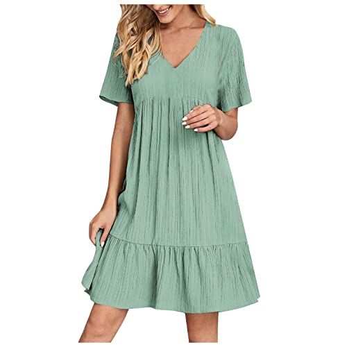 Sommerkleid Damen Lange Boho Strandkleid mit Plissee Sommer Kurzarm V-Ausschnitt Blusenkleid Vintage Einfarbig Freizeitkleid A-Linie Hoher Taille Abendkleid Lässig Locker Shirtkleid für Frauen S-3XL von Komiseup