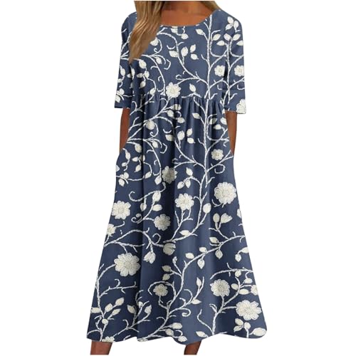 Sommerkleid Damen Lange Boho Strandkleid mit Taschen Sommer Kurzarm Rundhals Blusenkleid Vintage Blumendruck Freizeitkleid Hoher Taille Plissee Abendkleid Lässige Locker Shirtkleid für Frauen S-3XL von Komiseup