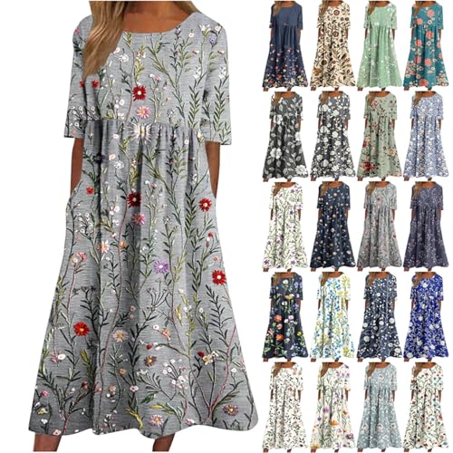 Sommerkleid Damen Lange Boho Strandkleid mit Taschen Sommer Kurzarm Rundhals Blusenkleid Vintage Blumendruck Freizeitkleid Hoher Taille Plissee Abendkleid Lässige Locker Shirtkleid für Frauen S-3XL von Komiseup