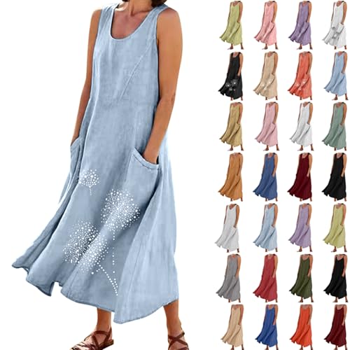 Sommerkleid Damen Lange Kleider Baumwolle Leinen Kurzarm Strandkleid Elegant Blusenkleid Solide Summer Dress V-Ausschnitt Tankkleid Tshirt Kleid Leicht und Luftig Freizeitkleid Hemdkleid mit Knöpfen von Komiseup