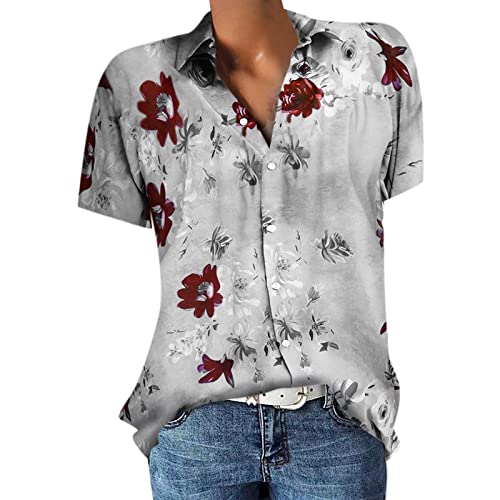 Sport Top Damen Elegant Oversize Shirt Bunt Blumen Drucken Vintage Tunika Hemdbluse Locker Sommer Tops Basic Shirts Frauen Lässig Kurzarm Revers Button Down Oberteile Mode Blumen Blusenshirt von Komiseup