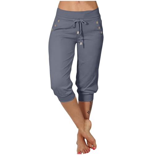 Sporthose Damen Sommer Jogginghose Dreiviertel Hose Damen 3/4 Capri Hose mit Knopf-Taschen und Kordelzug Kurz Sommerhose Lose Leinenhose Leicht Caprihose 7/8 Freizeithose Hohe Taille Slim Yogahose von Komiseup