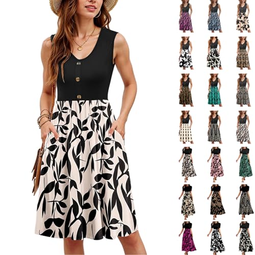 Strandkleid Damen Kurz Sommerkleid Locker Ärmellose Tank Kleid Casual Baumwoll Blusenkleid Mode V-Ausschnitt Freizeitkleid Elegant Einfarbig Abendkleid Boho Kleid mit Taschen Hoher Taille Partykleid von Komiseup