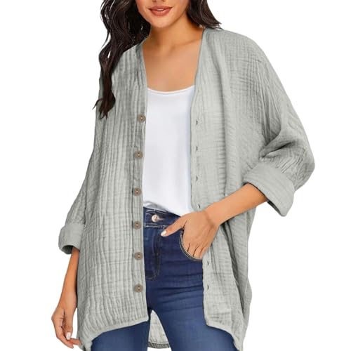 Strickjacke Damen Lang Leichte Cardigan mit Knöpfen Baumwoll-Leinen Sommerjacke Elegant Einfarbig Strickcardigan Leicht Und Luftig Musselin Bluse Langarm Übergangsjacke für Frühling und Herbst S-XXL von Komiseup