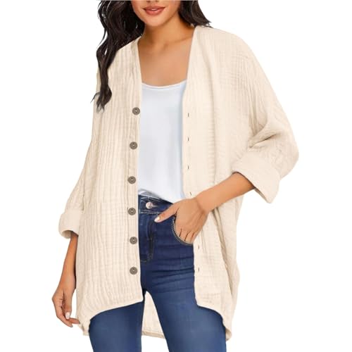 Strickjacke Damen Lang Leichte Cardigan mit Knöpfen Baumwoll-Leinen Sommerjacke Elegant Einfarbig Strickcardigan Leicht Und Luftig Musselin Bluse Langarm Übergangsjacke für Frühling und Herbst S-XXL von Komiseup