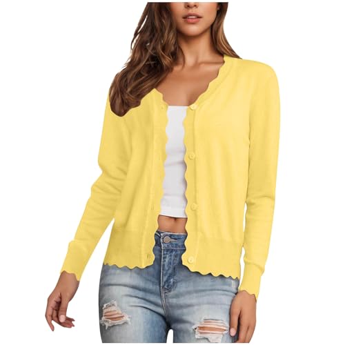 Strickjacke Damen Sommer V-Ausschnitt Cardigan mit Pilzkante Dünne Kurz Strickjacken mit Knöpfen Einfarbig Dirndl Jacke Leichte Übergangsjacke Locker Trachtenjacke Dünne Häkeljacke für Büro S-2XL von Komiseup