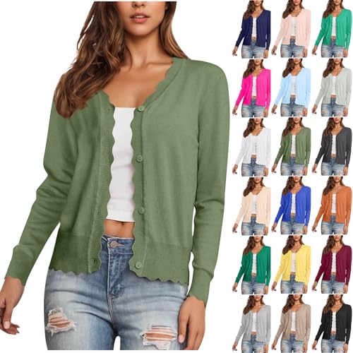 Strickjacke Damen Sommer V-Ausschnitt Cardigan mit Pilzkante Dünne Kurz Strickjacken mit Knöpfen Einfarbig Dirndl Jacke Leichte Übergangsjacke Locker Trachtenjacke Dünne Häkeljacke für Büro S-2XL von Komiseup