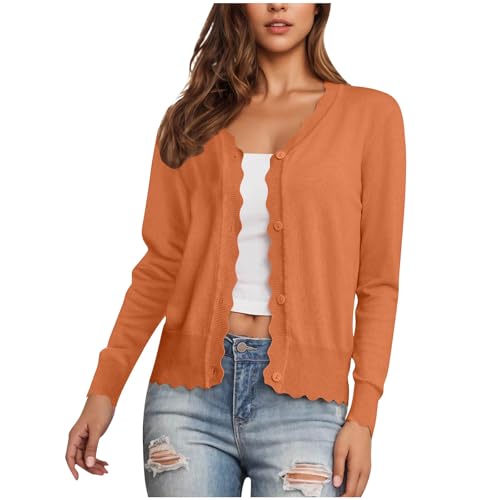 Strickjacke Damen Sommer V-Ausschnitt Cardigan mit Pilzkante Dünne Kurz Strickjacken mit Knöpfen Einfarbig Dirndl Jacke Leichte Übergangsjacke Locker Trachtenjacke Dünne Häkeljacke für Büro S-2XL von Komiseup