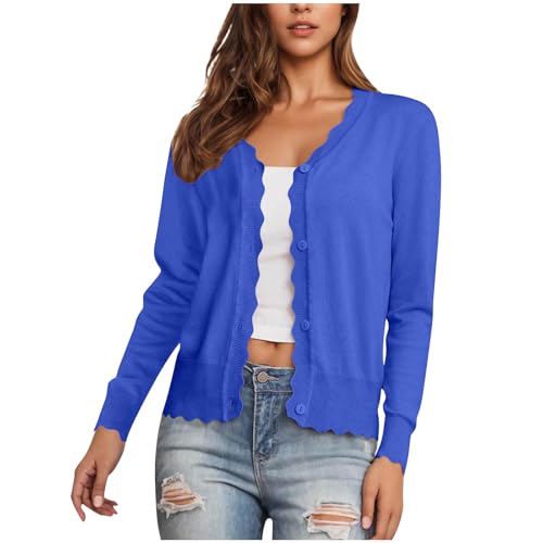 Strickjacke Damen Sommer V-Ausschnitt Cardigan mit Pilzkante Dünne Kurz Strickjacken mit Knöpfen Einfarbig Dirndl Jacke Leichte Übergangsjacke Locker Trachtenjacke Dünne Häkeljacke für Büro S-2XL von Komiseup