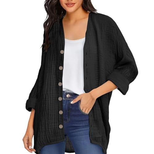 Strickjacken Damen Sommer Musselin Bluse Lang Leichte Cardigan Elegant Einfarbig Leinenbluse Langarm Strickcardigan mit Knöpfen Locker Lässig Sweatjacke Dünne Open Front Sweater Urlaub Strandponcho von Komiseup