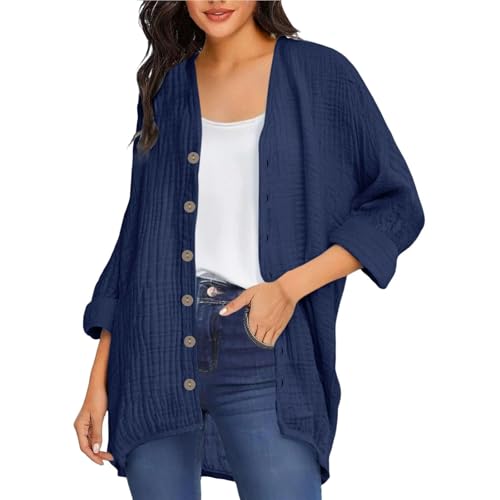 Strickjacken Damen Sommer Musselin Bluse Lang Leichte Cardigan Elegant Einfarbig Leinenbluse Langarm Strickcardigan mit Knöpfen Locker Lässig Sweatjacke Dünne Open Front Sweater Urlaub Strandponcho von Komiseup