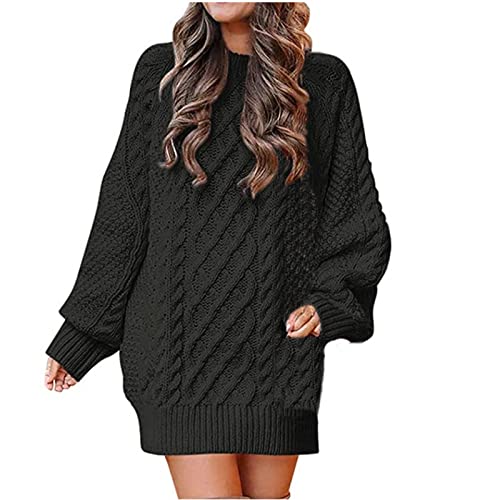 Strickkleid Damen, Winterkleid Damen Rundhalsausschnitt Langarm Zopfstrick Dicke Nadel Pullover Kleid Lässiges Pulloverkleid Loose Fit von Komiseup