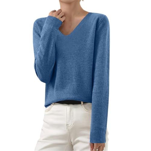 Strickpullover Damen V-Ausschnitt Pullover Winter Sweater Grobstrick Sweatshirt Elegant Einfarbig Winterpullover Große Größen Langarmshirt Locker Pulli Langarm Strickpulli Longshirt Longpullover von Komiseup