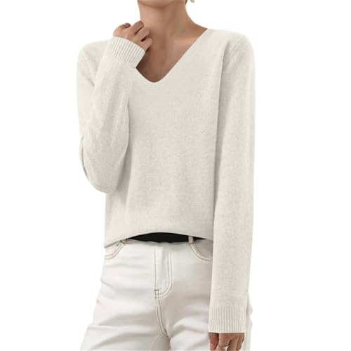 Strickpullover Damen V-Ausschnitt Pullover Winter Sweater Grobstrick Sweatshirt Elegant Einfarbig Winterpullover Große Größen Langarmshirt Locker Pulli Langarm Strickpulli Longshirt Longpullover von Komiseup