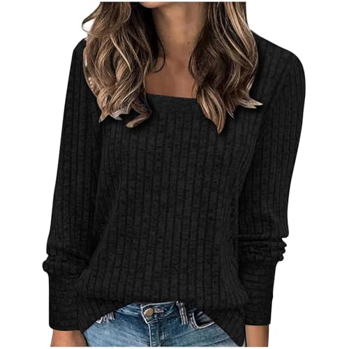 Strickpullover Damen Weich Rippstrick Pullover Basic Rundhals Sweatshirt Quadrat Hals Langarmshirt Elegant Einfarbige Oberteile Herbst Winter Pulli Strick Sweater Gerippt Damenpullover Longpullover von Komiseup