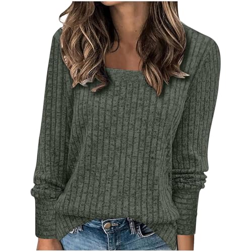 Strickpullover Damen Weich Rippstrick Pullover Basic Rundhals Sweatshirt Quadrat Hals Langarmshirt Elegant Einfarbige Oberteile Herbst Winter Pulli Strick Sweater Gerippt Damenpullover Longpullover von Komiseup