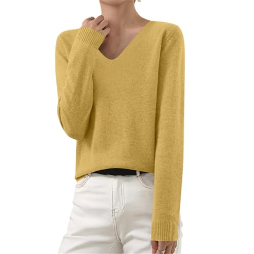 Strickpullover Damen Winter Strickpulli Baumwolle Langarm Pullover V-Ausschnitt Sweatshirt Feinstrickpullover Oversize Pulli Einfarbig Kaschmir Strickpullover Elegant Gestrickter Longsleeve Oberteile von Komiseup