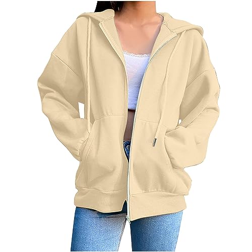 Sweatjacke Damen Einfarbig Kapuzenjacke mit Taschen Locker Übergangsjacke mit Kapuze Casual Baumwoll Hoodie Herbst Winter Sweatshirt Teenager Mädchen College Jacke Trainingsjacke Sweatshirtjacke von Komiseup