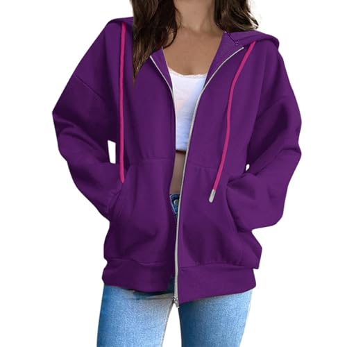Sweatjacke Damen Full Zip Übergangsjacke mit Taschen Elegant Einfarbig Kapuzenpullover College Jacke mit Kapuze Leicht Baumwoll Hoodie Teenager Mädchen Sweatshirt Locker Sportjacke Trainingsjacke von Komiseup