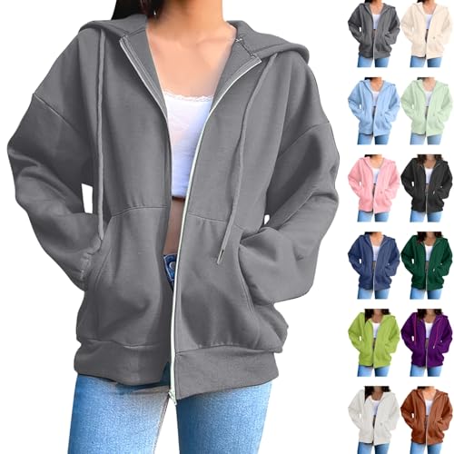Sweatjacke Damen Full Zip Übergangsjacke mit Taschen Elegant Einfarbig Kapuzenpullover College Jacke mit Kapuze Leicht Baumwoll Hoodie Teenager Mädchen Sweatshirt Locker Sportjacke Trainingsjacke von Komiseup