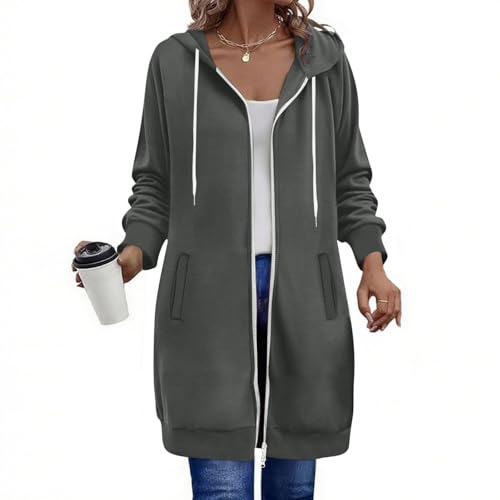 Sweatjacke Damen Lange Übergangsjacke mit Zwei-Wege-Reißverschluss Elegant Einfarbig Kapuzenjacke mit Kordelzug und Taschen Leicht Trainingsjacke mit Kapuze Teenager Mädchen Sportjacke College Jacke von Komiseup