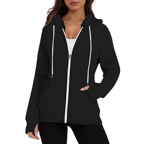 Sweatjacke Damen Zipper Hoodie mit Kapuze Y2K Sweatshirt Jacke mit Reißverschluss Langarm Kapuzenjacke mit Daumenloch Einfarbig Übergangsjacke Lose Casual Sportjacke mit Taschen Sport Style Pullover von Komiseup